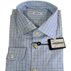 Kiton NWT Long Sleeve Dress Shirt Size 18 45 White & Blue Check 100% Cotton